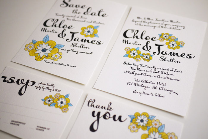 Yellow Daisy Bold Script - Modern Wedding Invitation Suite - (printable) - Set Of 4